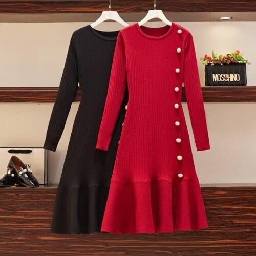 EHQAXIN Plus Size Womens Dresses Autumn Winter Fashion New Beaded Ruffled Mid-Length Hedging Long-Sleeved Dress For Lady L-4XL