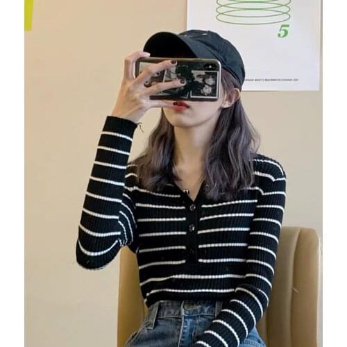 2021 new striped with knitted bottom shirt womens thin slim long sleeve top