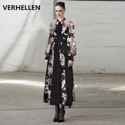 VERHELLEN Fashion Runway Dress 2020 Autumn Womens Lantern Sleeve Bow Collar Through Mesh Floral Embroidery Party Long Dress