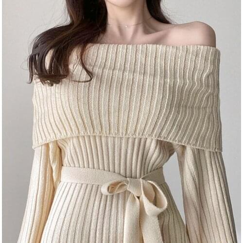 Autumn Winter Women Knitted Dress Elasticity Belt Long Sleeve Slim Solid Korean Slash-Neck Sexy Temperament Bodycon