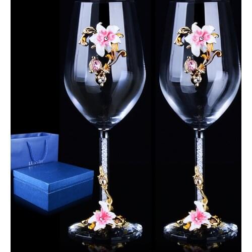2 pieces European High-grade Creative Enamel Crystal Glass/ Red Wine Goblet with diamond/ Wedding Gift Crystal Glass Cup