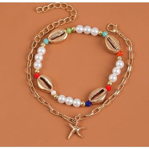 2 Pcs/Set Trendy White Pearl Metal Shell Handmade Beaded Charm Bracelets For Women Gold Color Chain Starfish Pendant Bracelet