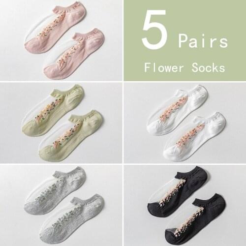 5 Pairs Sweet Lace flower Socks for summer thin Transparent Boat Silk Socks Short invisible Women Girls Solid color Preppy style