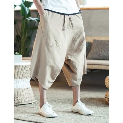 5XL Mens Wild Crotch Harem Pants Summer Baggy Pure Cotton Plus Size Wild-leg Loose Pants Drawstring