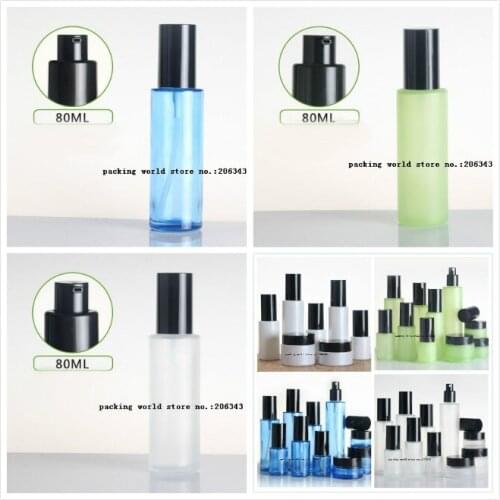 80ml frosted/green/blue/white glass bottle with white press pump lid for serum/lotion/emulsion/foundation/gel cosmetic packing