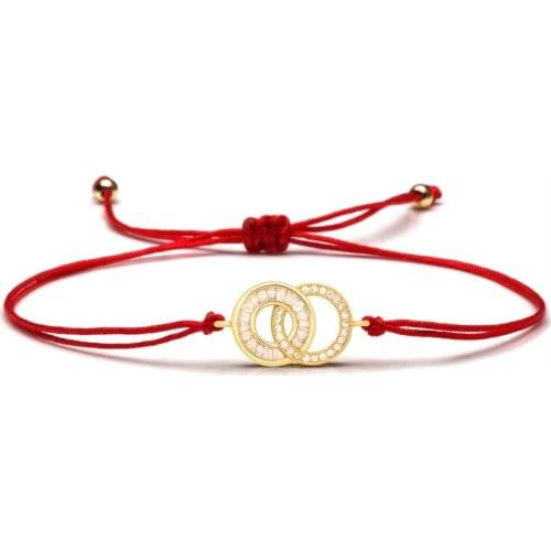 White Trapezoid Cubic Zirconia Crystals Linked double Circle Charm Bracelet For Women Gold-plated Red String Braided Jewelry Her