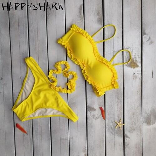 HAPPY SHARK 2019 Sexy bikini low waist fold edge ruffe Two Pieces swimwaer solid color flower edge mould cup