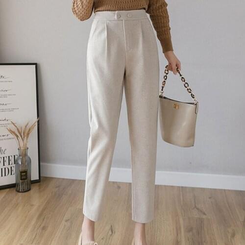 Pants Womens 2021 Autumn and Winter Pants for Women Casual Loose Button Fly Pockets Spliced Solid Flat Pants Black Women 0824