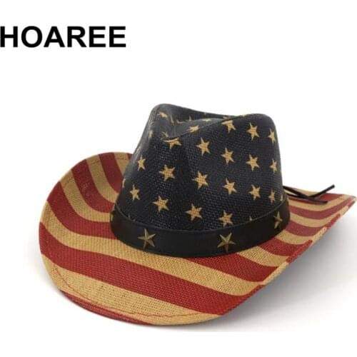HOAREE Straw Cowboy Hat Women American Flag Retro Western Cowboy Hat FemaleSummer Beach Vintage Wide Brim Sun Hat