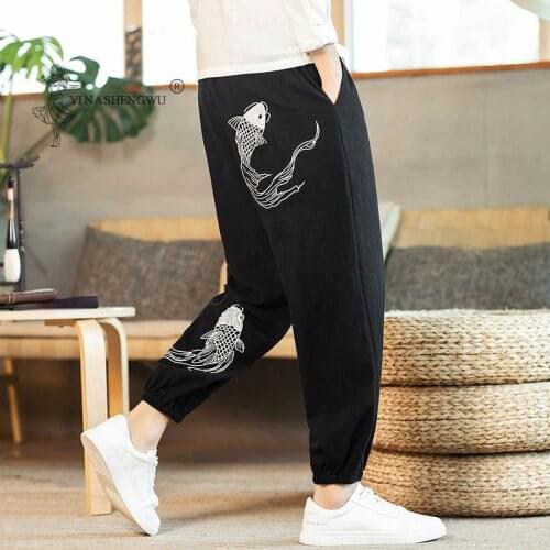 Kimonos Japanese Style Carp Embroidered Pants Harajuku Yukata Beam Feet Harem Men Asian Japan Traditional Cropped Male Costume