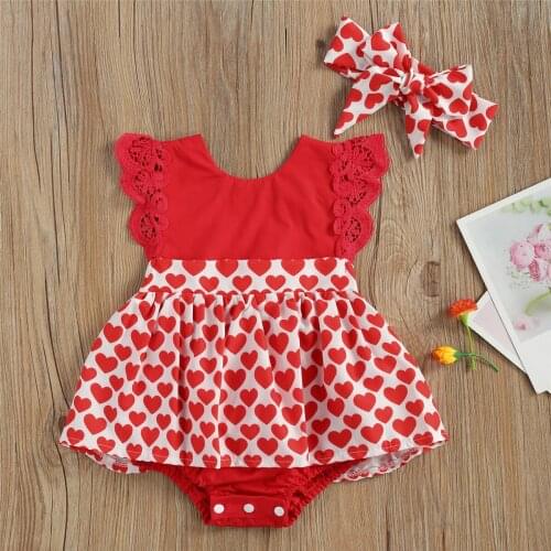 Valentines Day 0-24M Newborn Baby Girl Love Heart Romper Dress Sweet Lace Fly Sleeve Playsuit+Headband 2pcs