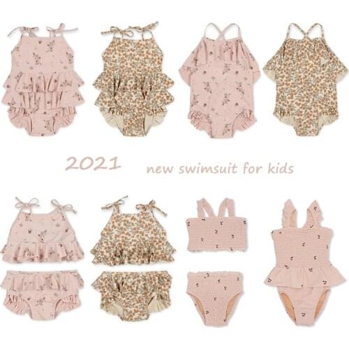 2021 New Summer Baby Girls Floral Printed Swimwear Shoulder Off Kids Jumpsuits Vacation Clothes Beach Bikini Swimsuit