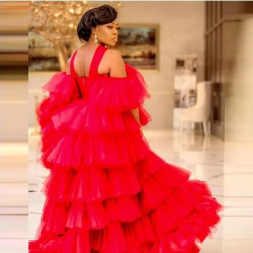 Red African Chic Tulle Dress For Photo Shoot Puffy Tulle Dress For Women Party Gowns Tiered Tulle Robes Plus Size Puffy Sleeve