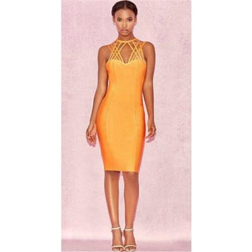 Summer Women Nice Rayon Bandage O-Neck Orange Knee-Length Sexy Bodycon Evening Party Dress