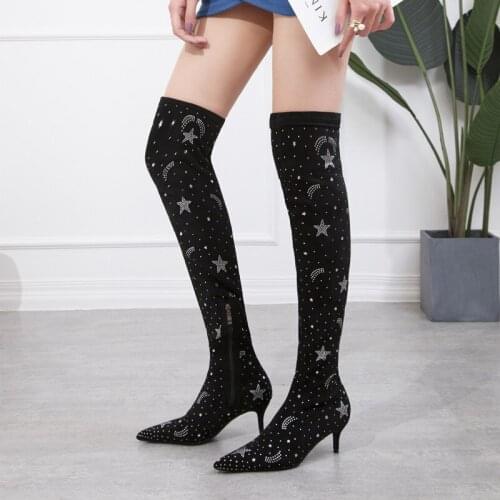 Fashion Womens Shoes Pointed Toe Sexy Over-the-Knee Velvet Womens Boots High Stiletto Heels 6cm Female Pumps OULYYYOGO