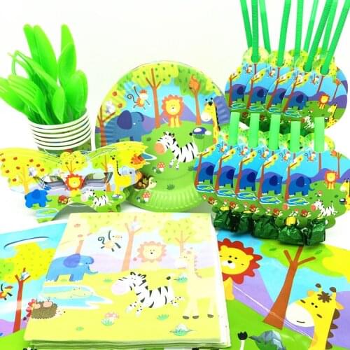 Cartoon Animals Disposable Tableware Jungle Animal Zoo Lion Cup Plate Napkin Set Kids Boy Birthday Baby Shower Party Supplies