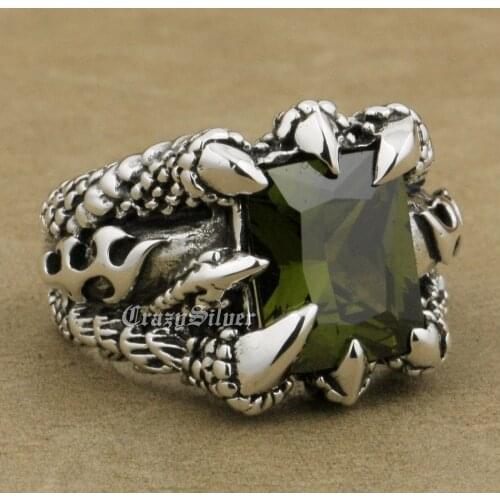 925 Sterling Silver Huge Dragon Claw Black Olive CZ Mens Biker Rocker Punk Ring 8T202 US Size 7~15
