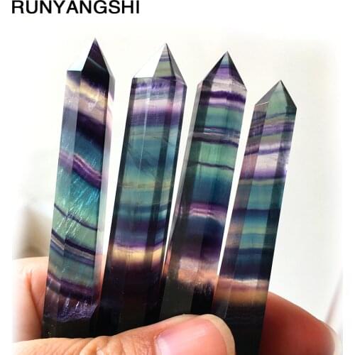 RUNYANGSHI Natural Fluorite Crystal Colorful Striped Fluorite Quartz Crystal Stone Point Healing Hexagonal Wand Treatment Stone