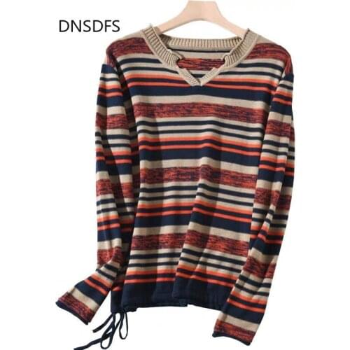 Autumn Winter V Neck Striped Pullovers Women Casual Sweaters Shirt Top Long Sleeve Jumpers Korean Loose Knit Sweater