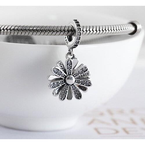 Authentic S925 Dangle Charm Hope & Peace Daisy Pendant Bead fit Lady Bracelet Bangle Girl Birthday Gift DIY Jewelry Clear CZ