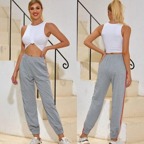 Hot kf-Women Casual Harem Pants Loose Trousers for Women Casual Striped Side SweatPants
