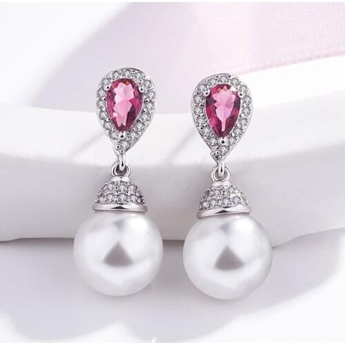 Pearl Ruby Red Crystal Drop Earrings For Women White Gold Color Blue Aquamarine Pink Zircon Diamond Luxury Party Fine Jewelry