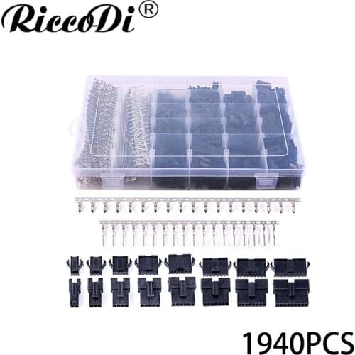 1940Pcs 2.5mm Pitch JST-SM 2/3/4/5/6/7/8/9 Pin Male and Female Plug Housing and Male/Female Pin Header Connector Assortment Kit