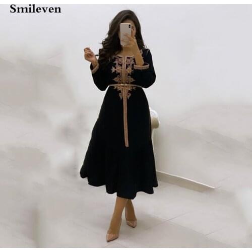 Smileven Black Moroccan Kaftan Formal Evening Dress Gold Lace Appliques Arabic Muslim Dress Dubai Special Occasion Dresses