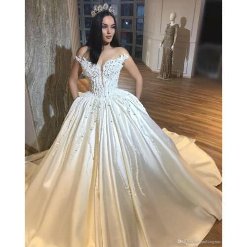 Gorgeous Ball Gown 2020 Wedding Dress Sheer Neck Lace Appliqued Beads Bohemian Court Train Bridal Gown Custom Made