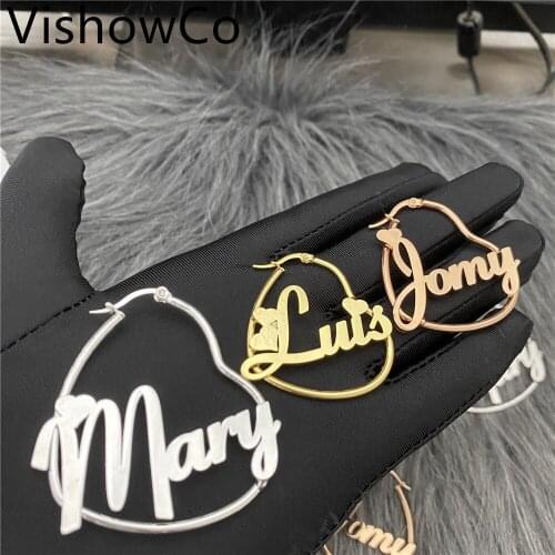 VishowCo Custom Name Earrings Personalized Stainless Steel Custom Round Nameplate Heart-Shaped Earrings For Womens Best Friends