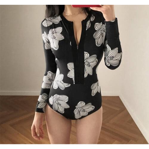 Long Sleeve Rash Guard Women Floral Print Swimsuit Zipper Swimwear Black Surfing Suit High Neck Diving Suit Push Up Bathing Suit