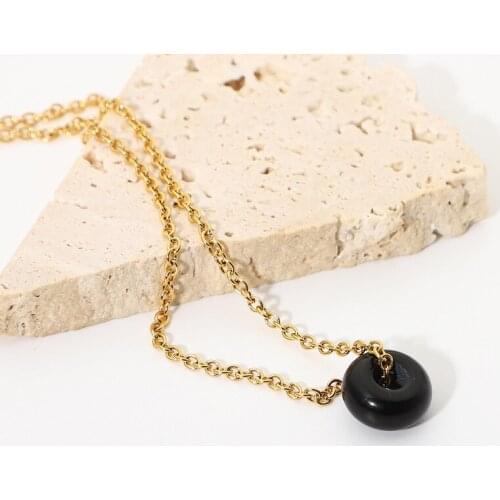 Minar Simple Black Color Stone Hollow Chunky Round Pendant Necklace for Women Ladies Thin Chain Stainless Steel Necklace Jewelry