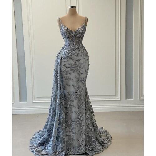 2021 Arabic Mermaid Prom Dresses Luxury Beading Sequined Lace Appliqued Spaghetti V Neck Women Plus Size Formal Evening Gowns