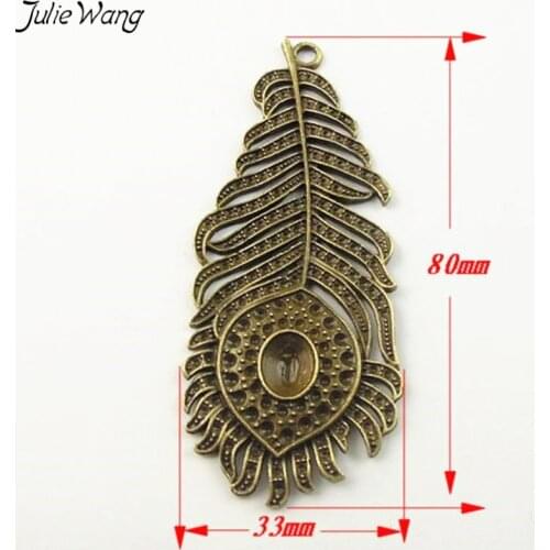 JulieWang 6PCS Antique Bronze Tone Birt Peacock Feather Shape Large Vintage Pendant Charm Stylish Women Necklace Finding 80*33mm