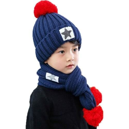 Winter Hat And Scarf Set For Children Girls Kids Cap Scarves Boys Star Design Knitted Pom Pom Beanie Velvet Cap Warm 2 Pcs Suit