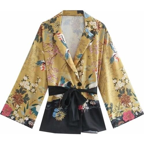 ZXQJ Women 2021 Fashion With Belt Crane Floral Print Kimono Blouses Vintage Long Sleeve Side Vents Female Shirts Chic Tops