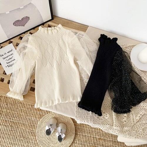 21 spring girl lace stitching top fashion baby sweater spring new childrens bottoms sweater knit sweater