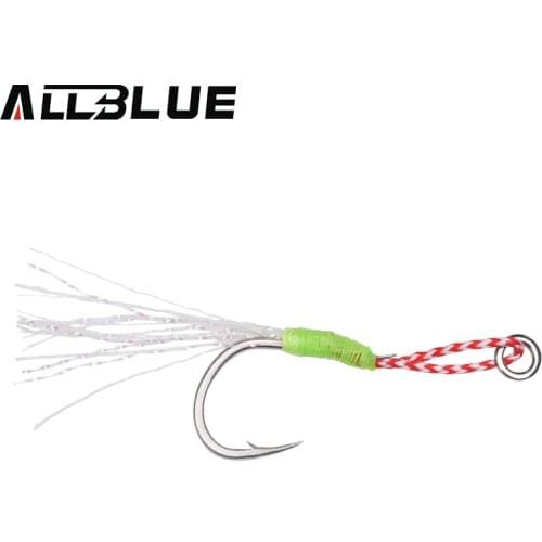 ALLBLUE 6pcs/lot Metal Jig Luminous Assist Hook With PE Line Feather Solid Ring Jigging Spoon Fishhook for 10-80g Fishing Lure