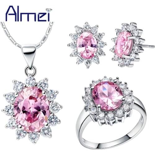 Almei 2017 Fashion Jewelry Sets CZ Zircon for Woman Wedding Pink Blue Red Crystal Necklace Silver Color Accessories Set T466