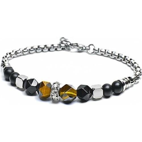 MIQIAO Stainless Steel Tiger Eye Stone BT Beads Chains Bracelet for Men Boyfriends Gift Lover Christmas Anniversary Jewelry Anim