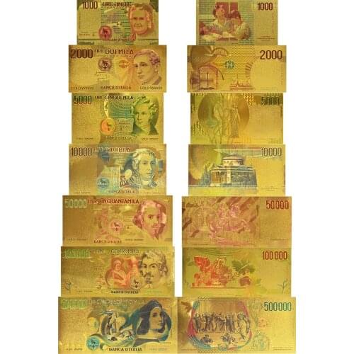 7pcs/Lot Collection 1000,2000,5000,10000,50000,100000,500000 Lire Color Italy Italian Gold Bankote Set