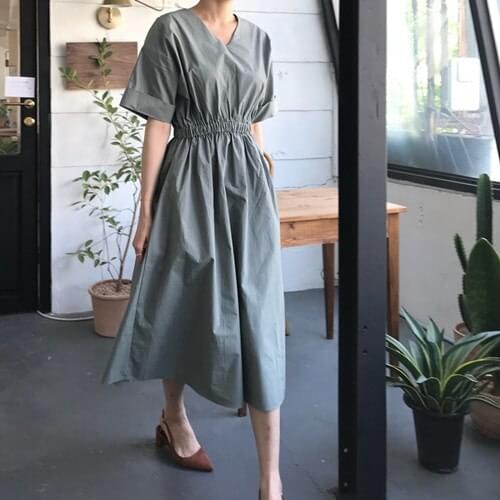 Fashion Women Short Sleeve Long Shirt Dress 2021 Summer V Neck Elegant Solid Party A-line Dresses Women Z836
