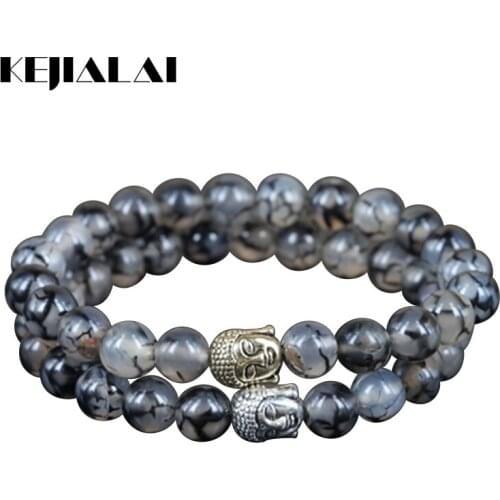 KEJIALAI 2pcs High Quality Natural 8mm Crack Round Stone Beads Charm Women Bracelet Gold/Silver Color Buddha Head Men Bracelet