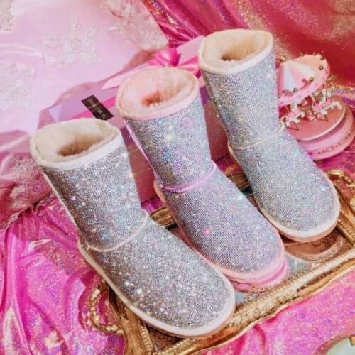 2020 winter new handmade custom leather warm plus wool warm snow boots trend full drill flat non-slip tube snow boots