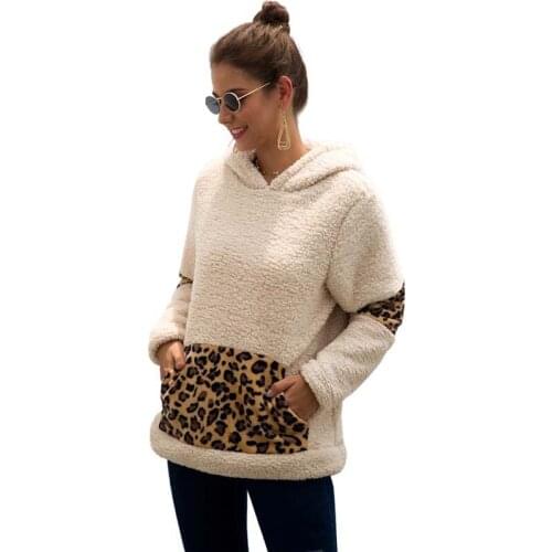Autumn New Plush Hoodies Tops Women Long Sleeve Pockets Leopard Print Patchwork Female Fashion Streetwear Hooded Sweatshirt