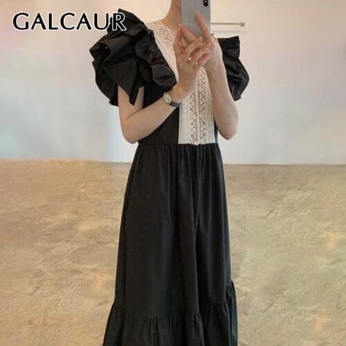 GALCAUR Womens Dress V Neck Butterfly Sleeve High Waist Ruched Patchwork Lace Maxi Dresses Female 2020 Summer Elegant Clothes