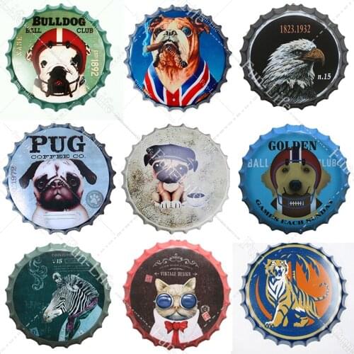 Pet Retro Beer Bottle Caps Dog Cat Zebra Eagle Pet Shop Signboard Metal Poster Vintage Wall Decoration