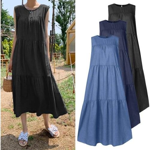 Demin Sundress Bohemian Tank Dress Stylish Women Solid Dresses 2021 VONDA Bohemian Beach Sundress Casual Vestidos S