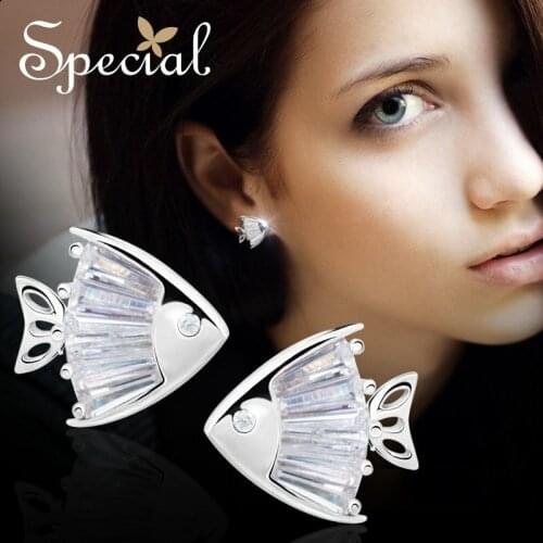 Special Brand Fashion 925 Sterling Stud Earrings Lovely Fish Earrings Crystal Small Animal Jewelry Gifts for Women S1696E