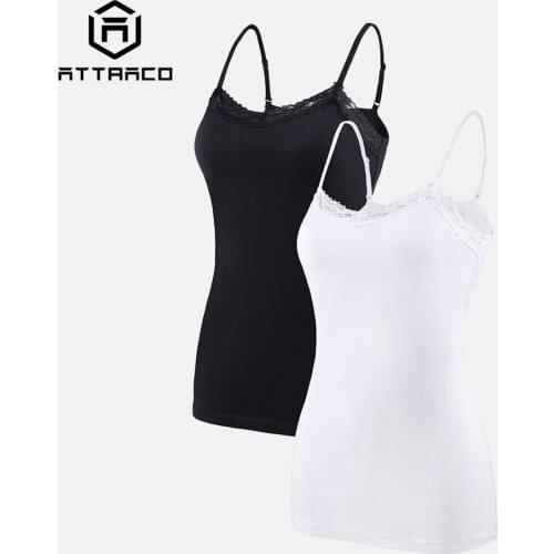 ATTRACO Camisole Women Basic Camis Cotton Soft Lace Tank Tops Adjustable Straps Night Sleepwear Pack of 2